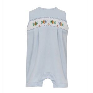 Petit Bebe Blue Knit Smocked Fish Romper, 9M, Excellent Condition